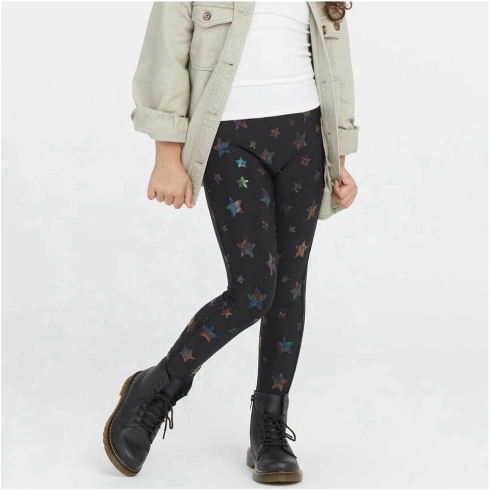 Spanx Girls Faux Leather Star Leggings Size M 8-10 Black Rainbow Stars NWT